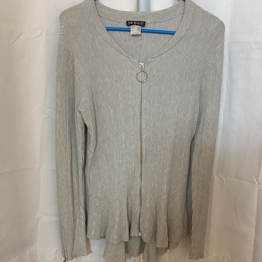 VENUS Light Gray Ribbed Zip Cardigan